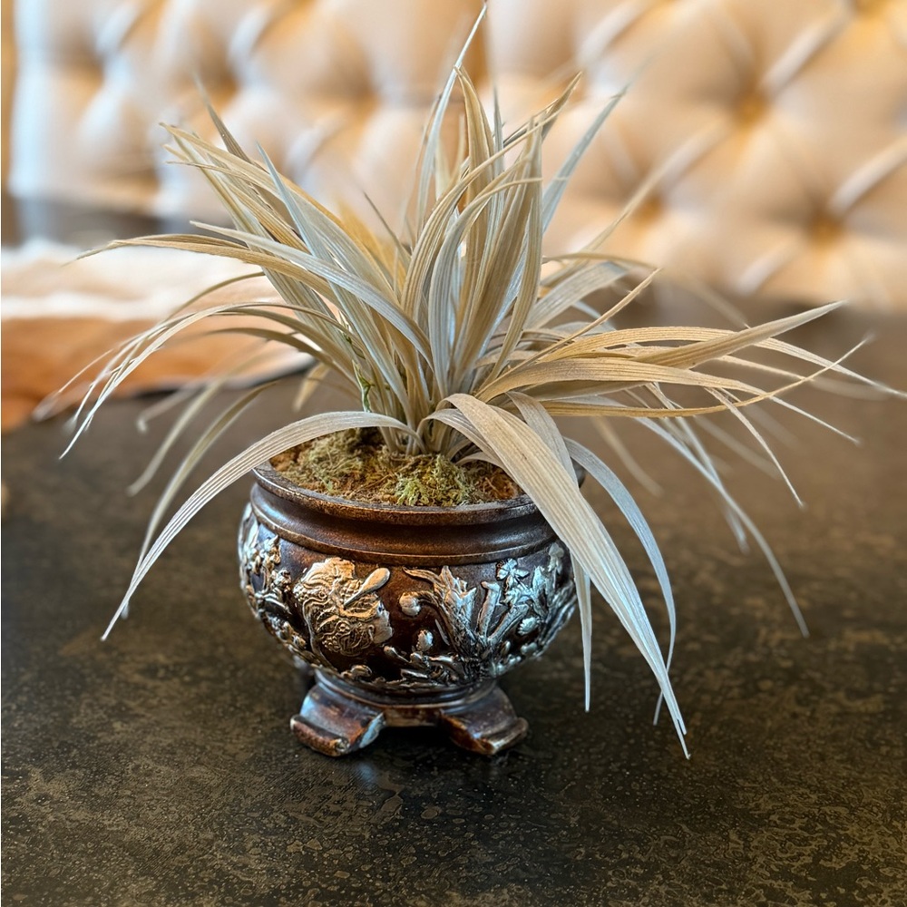Elegant Brown Faux Floral Accent with Ornate Planter